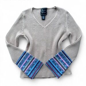 Mercer & Madison Y2K 100% Cotton Beige V-Neck Sweater with Boho Bell Sleeve S